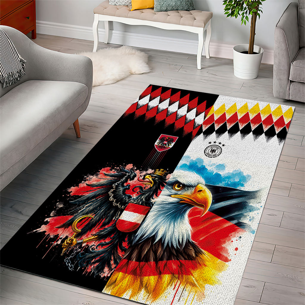 Austria and Germany National Football Area Rug Split Half Diamond Argyle with Eagles Watercolor Paint Splash Art