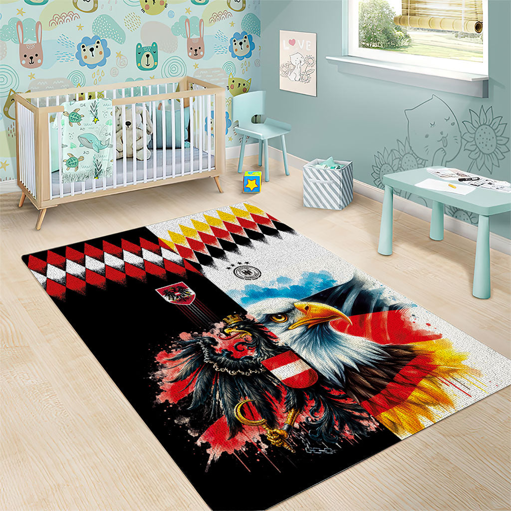 Austria and Germany National Football Area Rug Split Half Diamond Argyle with Eagles Watercolor Paint Splash Art