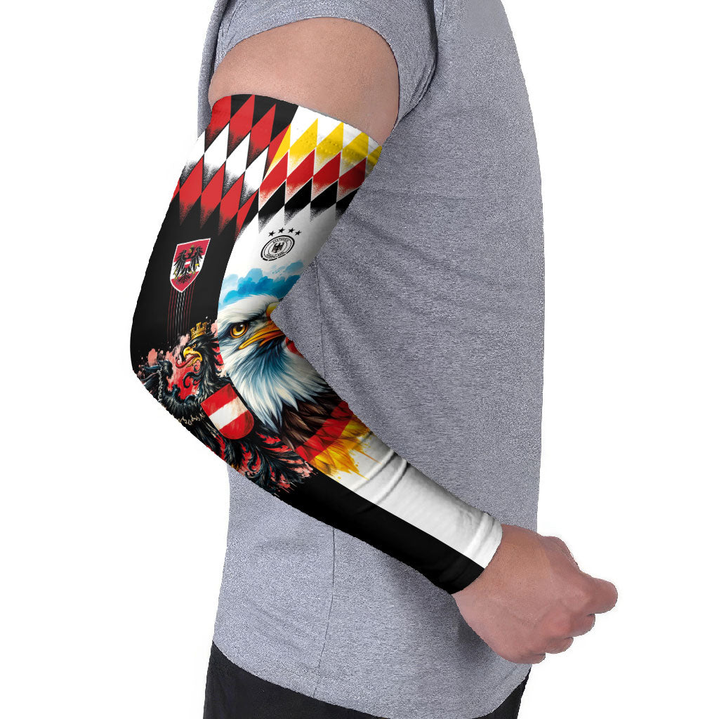 Custom Austria and Germany National Football Arm Sleeves Split Half Diamond Argyle with Eagles Watercolor Paint Splash Art