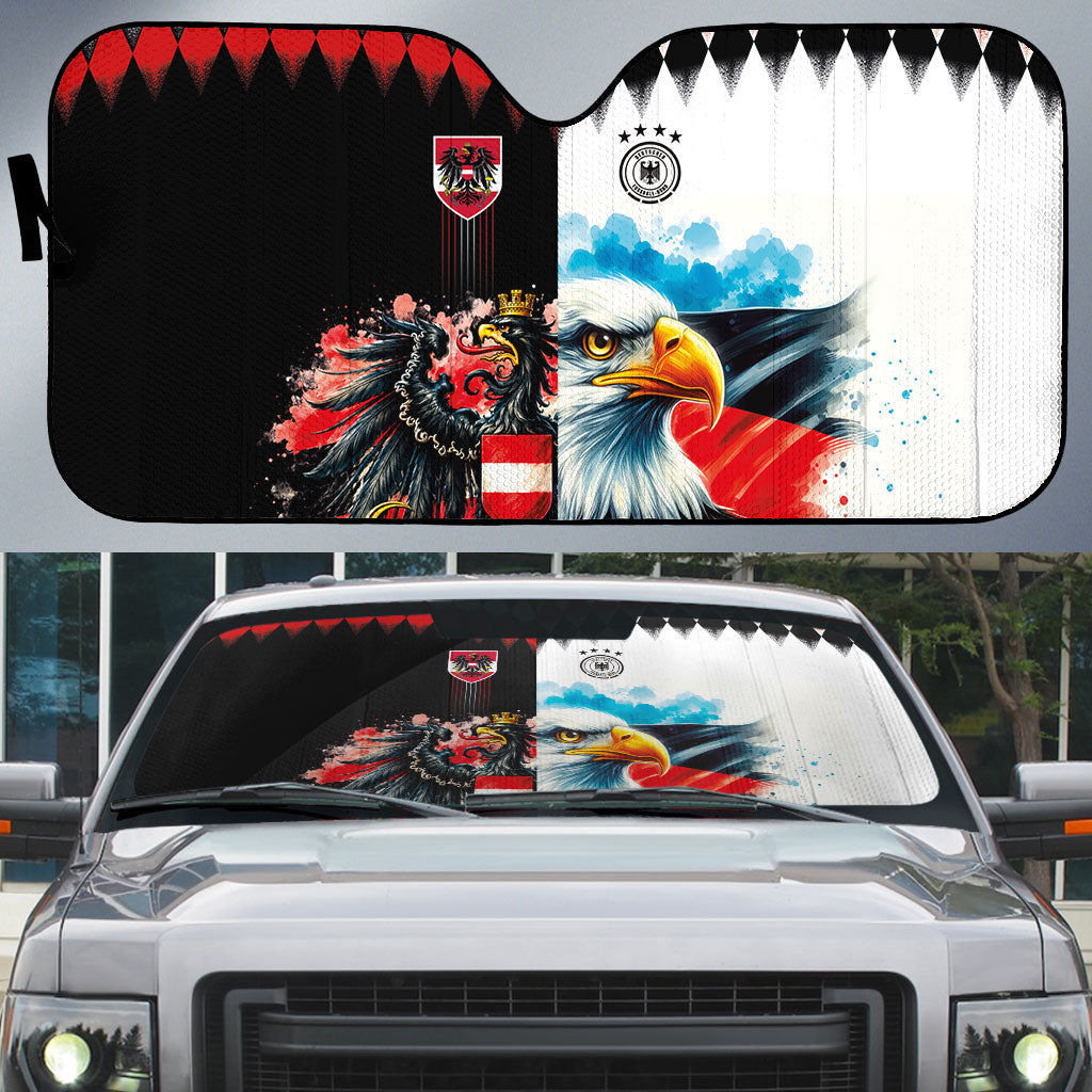 Austria and Germany National Football Auto Sun Shade Split Half Diamond Argyle with Eagles Watercolor Paint Splash Art