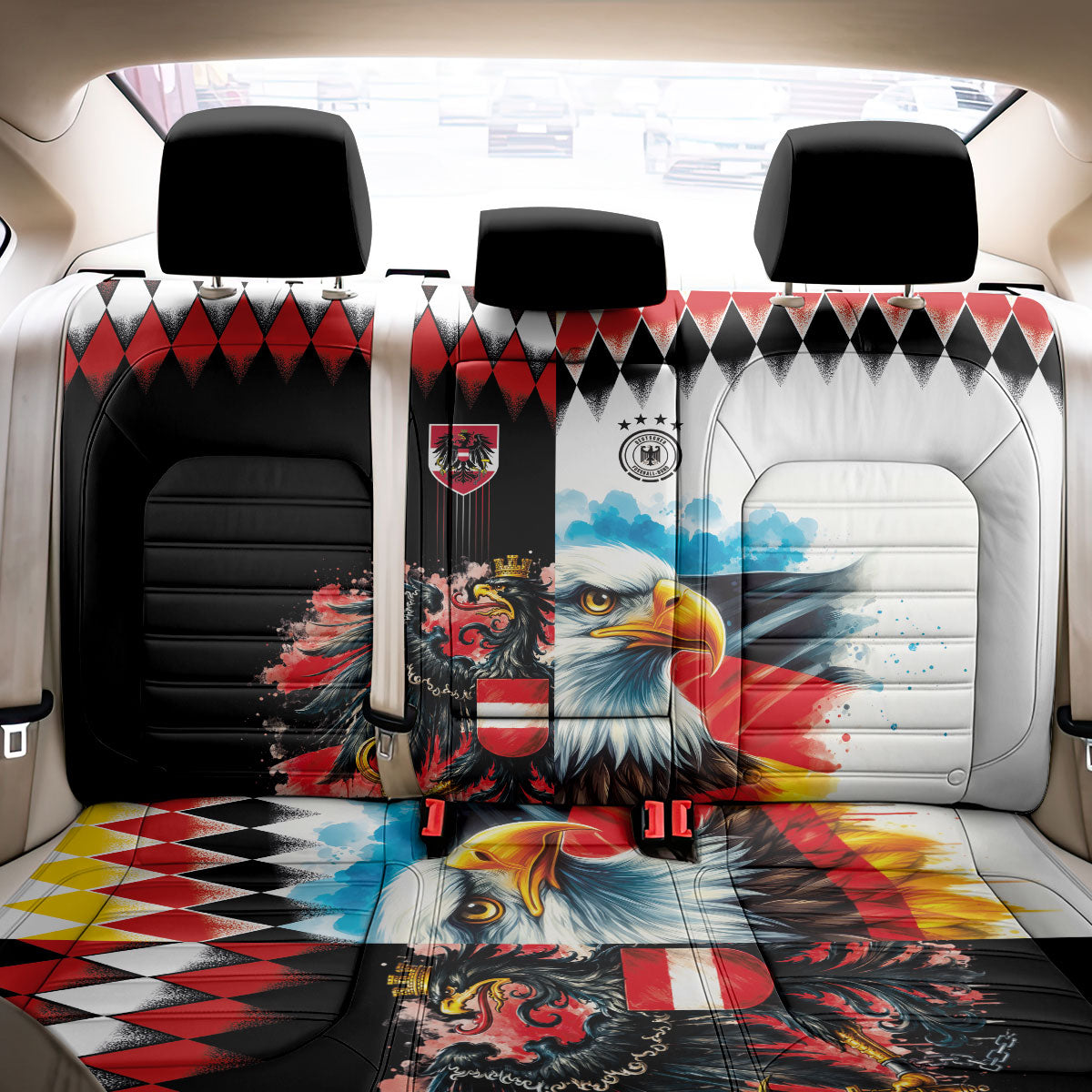 Austria and Germany National Football Back Car Seat Cover Split Half Diamond Argyle with Eagles Watercolor Paint Splash Art