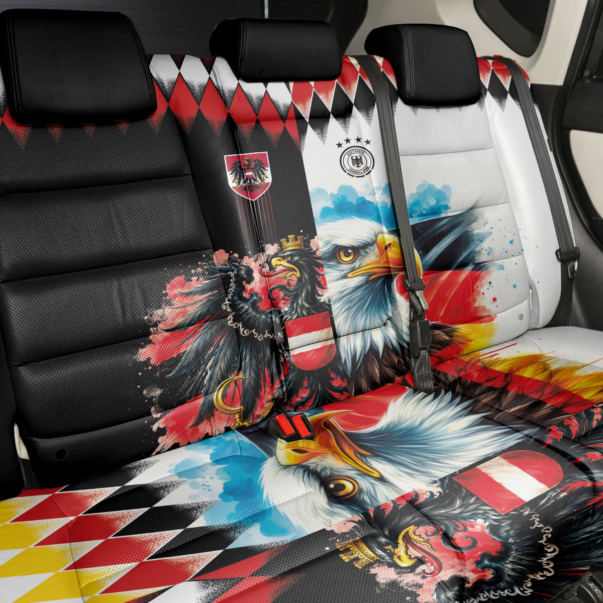 Austria and Germany National Football Back Car Seat Cover Split Half Diamond Argyle with Eagles Watercolor Paint Splash Art