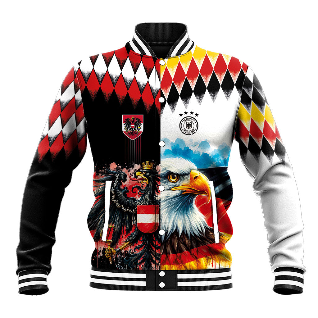 Custom Austria and Germany National Football Baseball Jacket Split Half Diamond Argyle with Eagles Watercolor Paint Splash Art