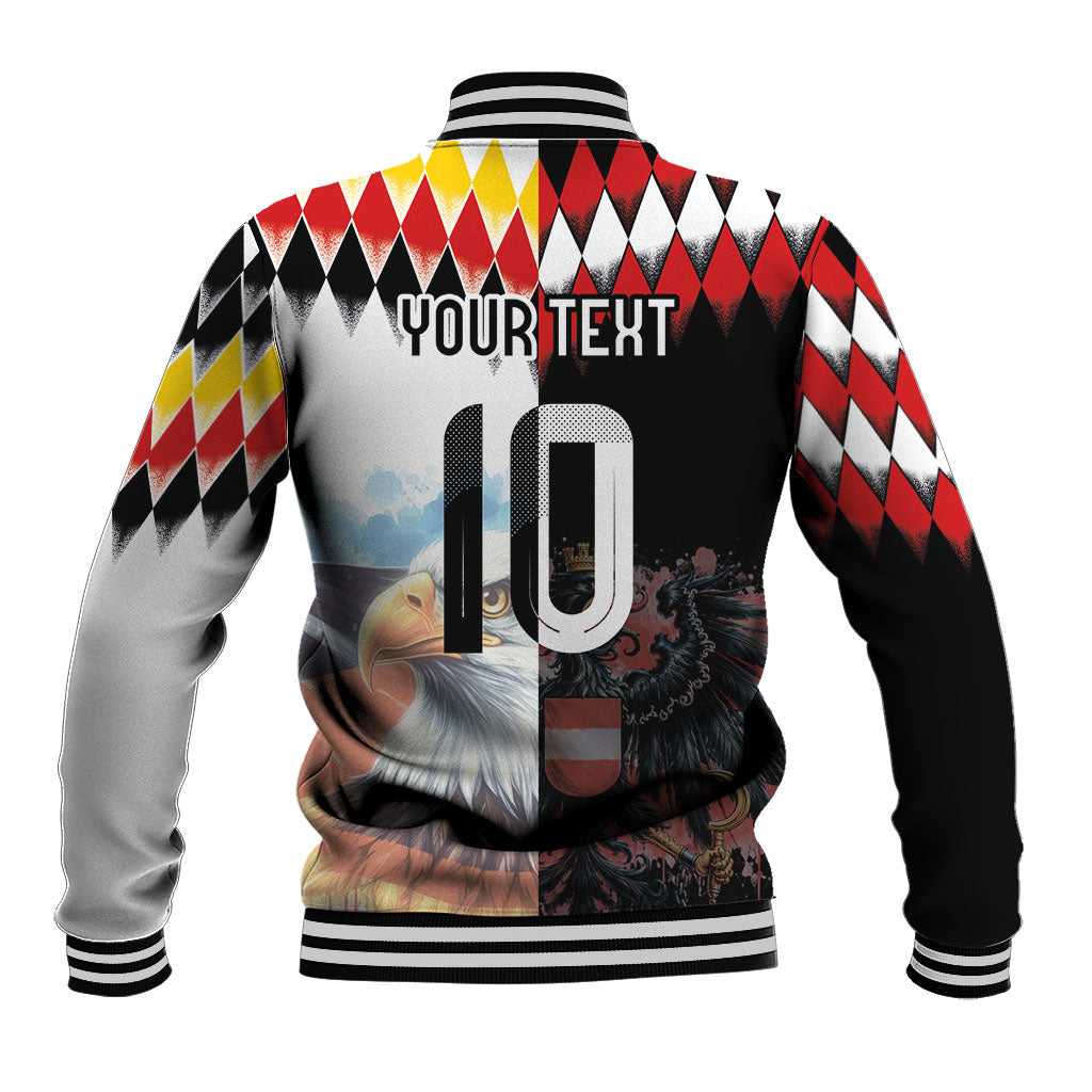 Custom Austria and Germany National Football Baseball Jacket Split Half Diamond Argyle with Eagles Watercolor Paint Splash Art