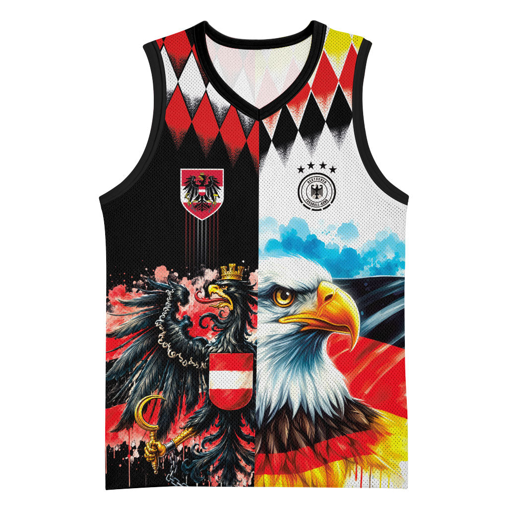 Custom Austria and Germany National Football Basketball Jersey Split Half Diamond Argyle with Eagles Watercolor Paint Splash Art
