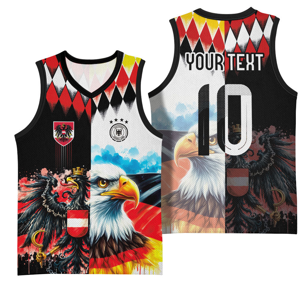 Custom Austria and Germany National Football Basketball Jersey Split Half Diamond Argyle with Eagles Watercolor Paint Splash Art