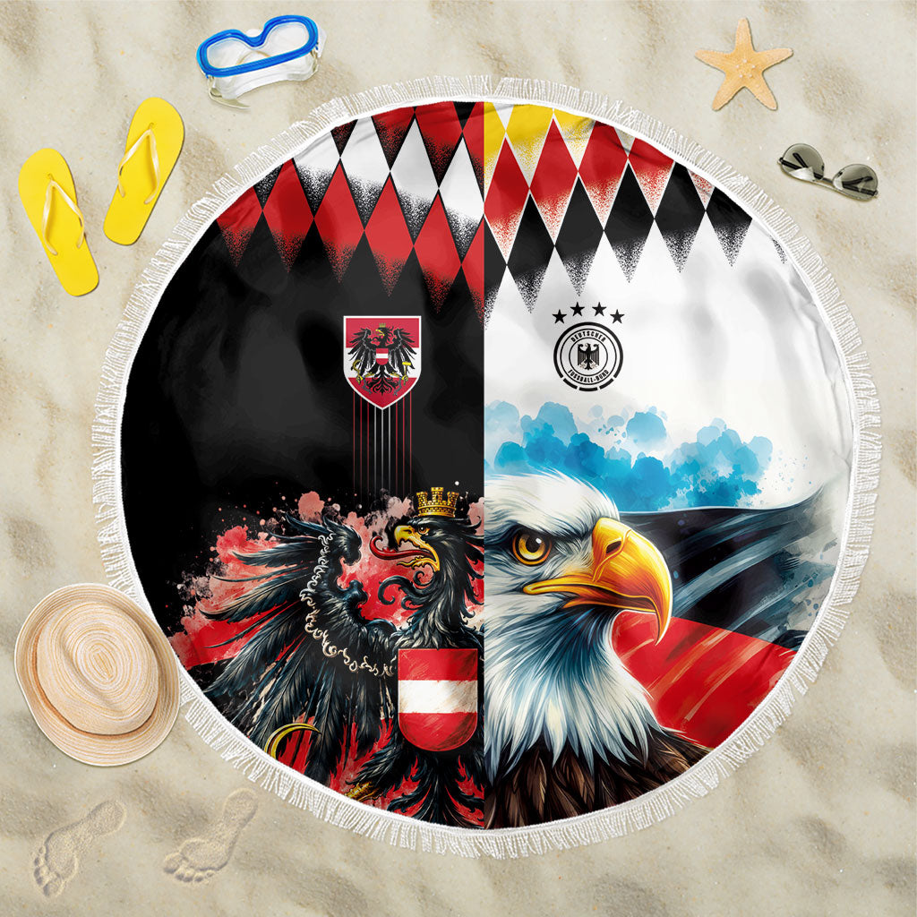 Austria and Germany National Football Beach Blanket Split Half Diamond Argyle with Eagles Watercolor Paint Splash Art