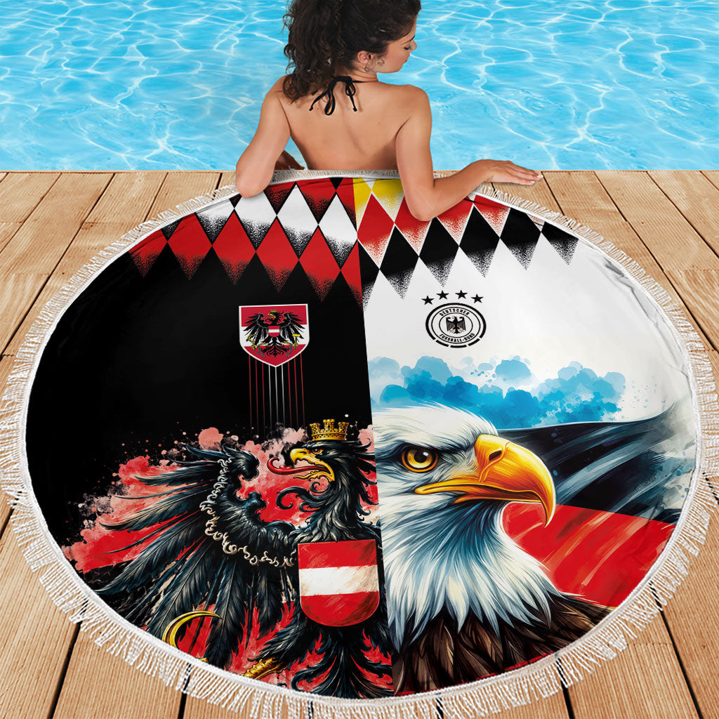 Austria and Germany National Football Beach Blanket Split Half Diamond Argyle with Eagles Watercolor Paint Splash Art