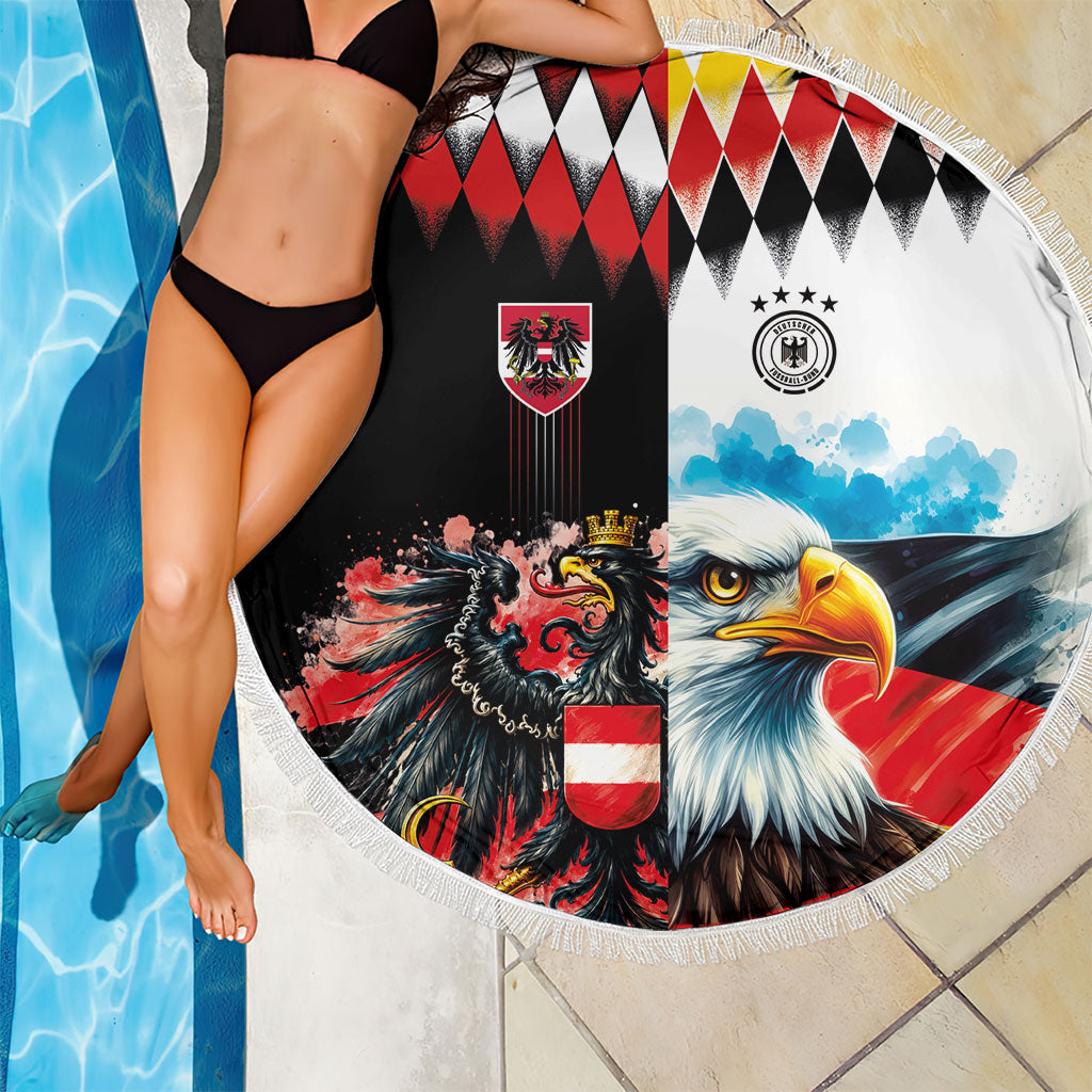 Austria and Germany National Football Beach Blanket Split Half Diamond Argyle with Eagles Watercolor Paint Splash Art