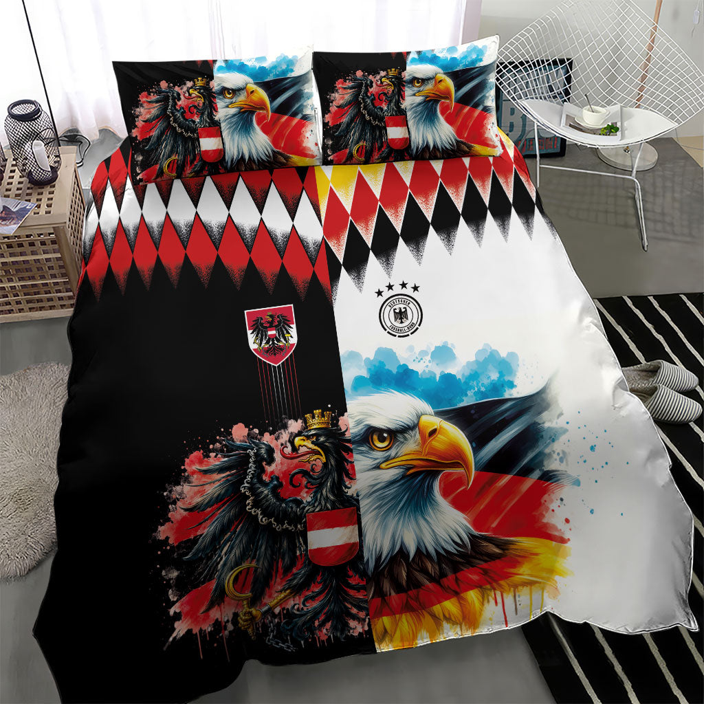 Austria and Germany National Football Bedding Set Split Half Diamond Argyle with Eagles Watercolor Paint Splash Art
