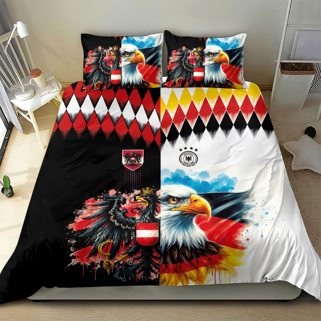 Austria and Germany National Football Bedding Set Split Half Diamond Argyle with Eagles Watercolor Paint Splash Art