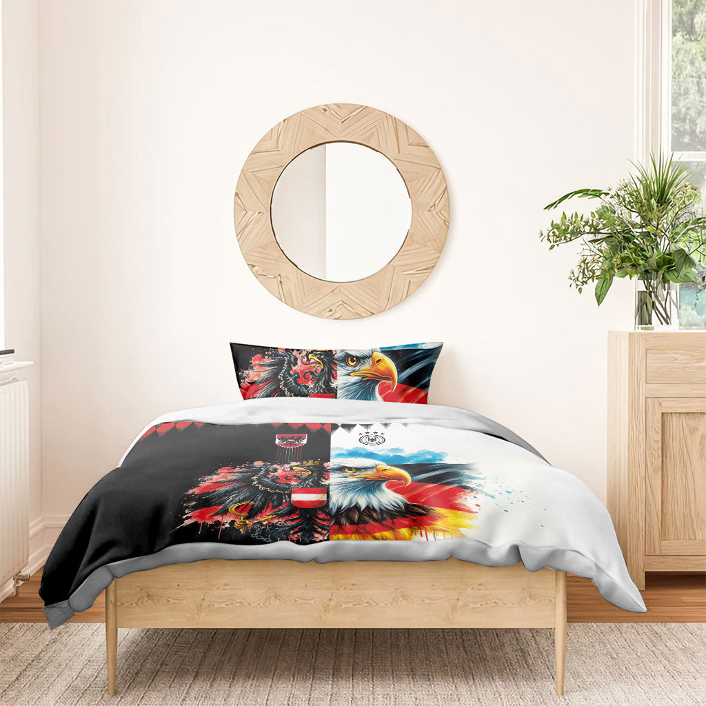 Austria and Germany National Football Bedding Set Split Half Diamond Argyle with Eagles Watercolor Paint Splash Art