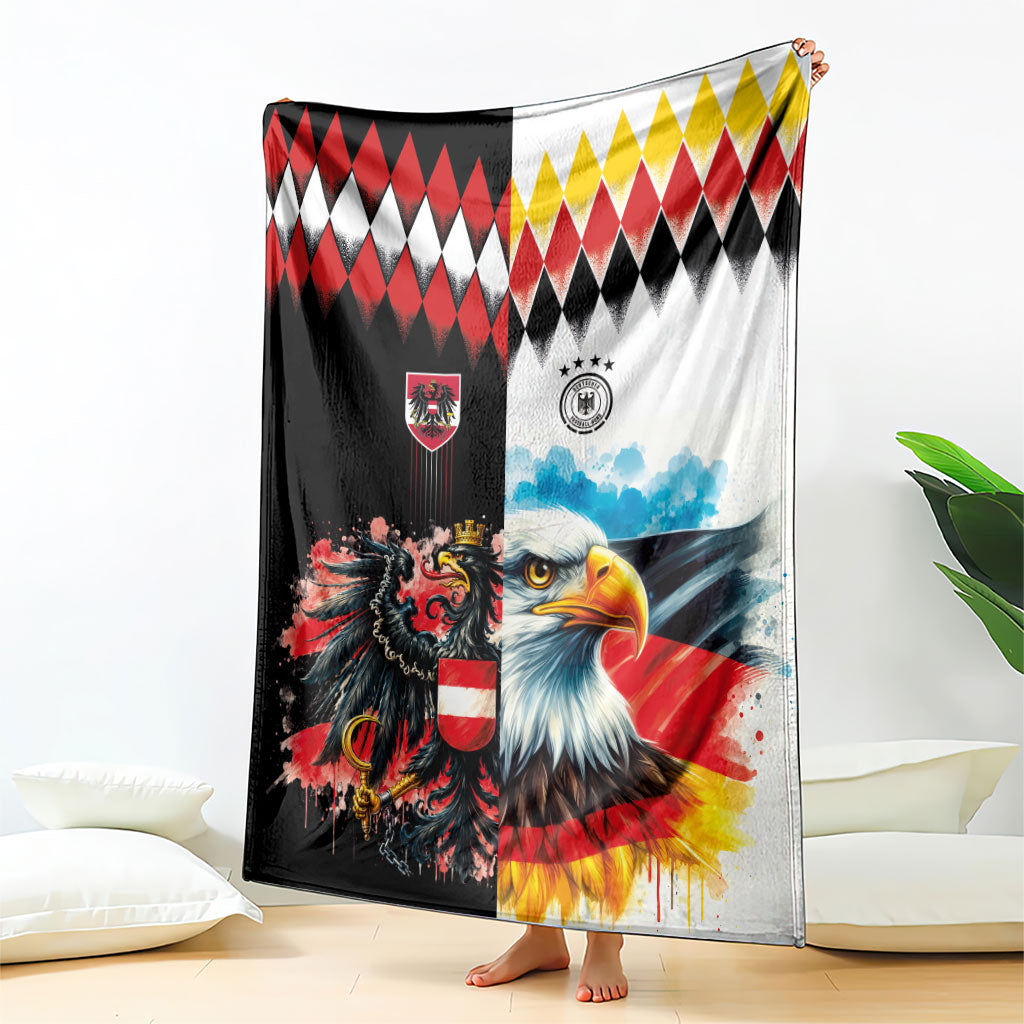Austria and Germany National Football Blanket Split Half Diamond Argyle with Eagles Watercolor Paint Splash Art