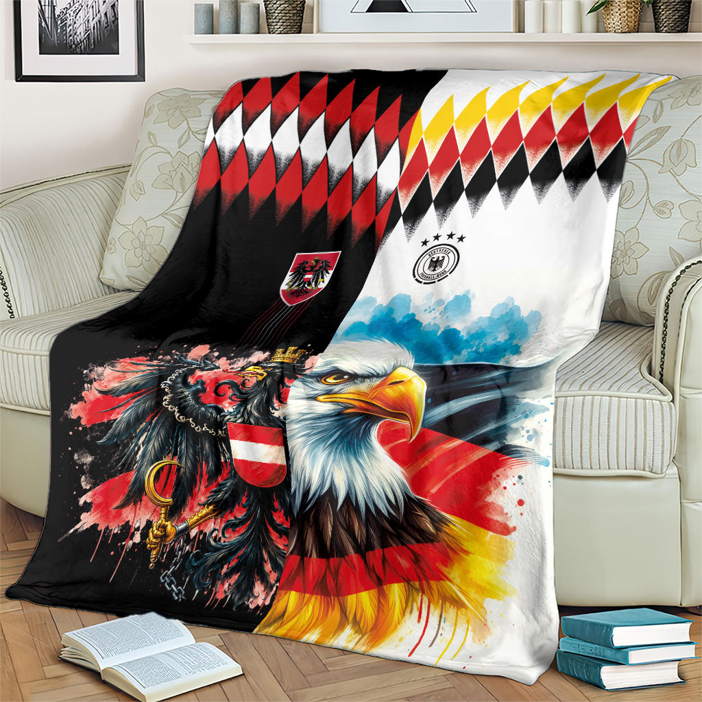 Austria and Germany National Football Blanket Split Half Diamond Argyle with Eagles Watercolor Paint Splash Art