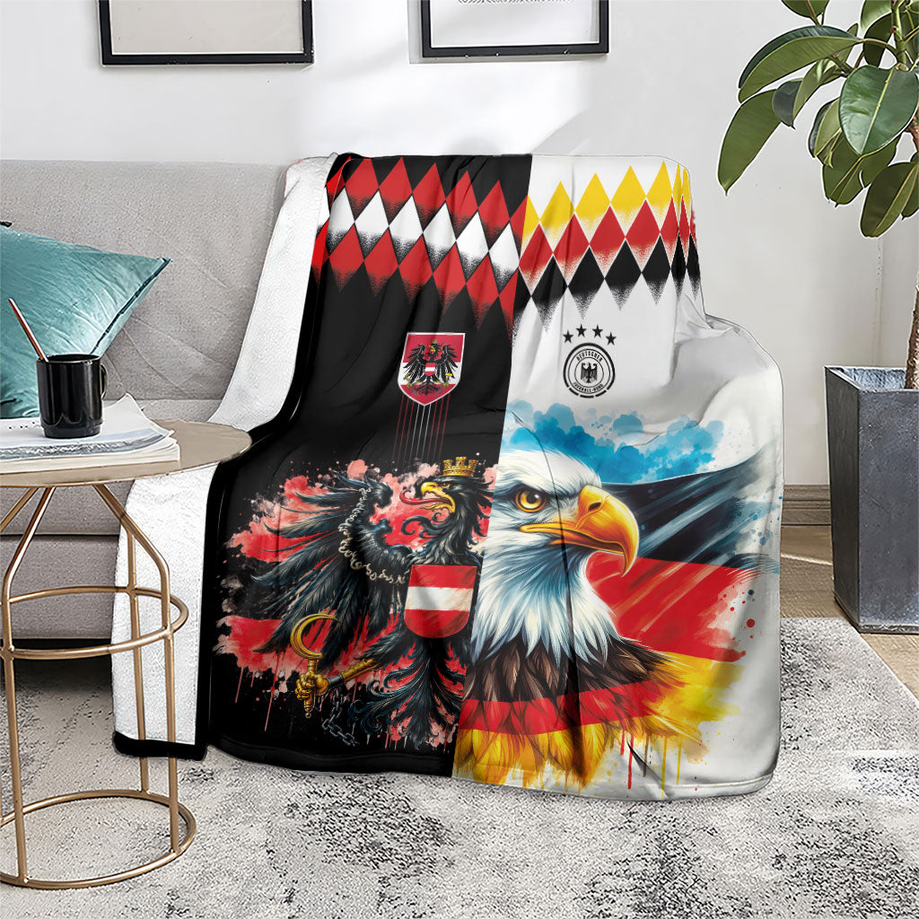 Austria and Germany National Football Blanket Split Half Diamond Argyle with Eagles Watercolor Paint Splash Art