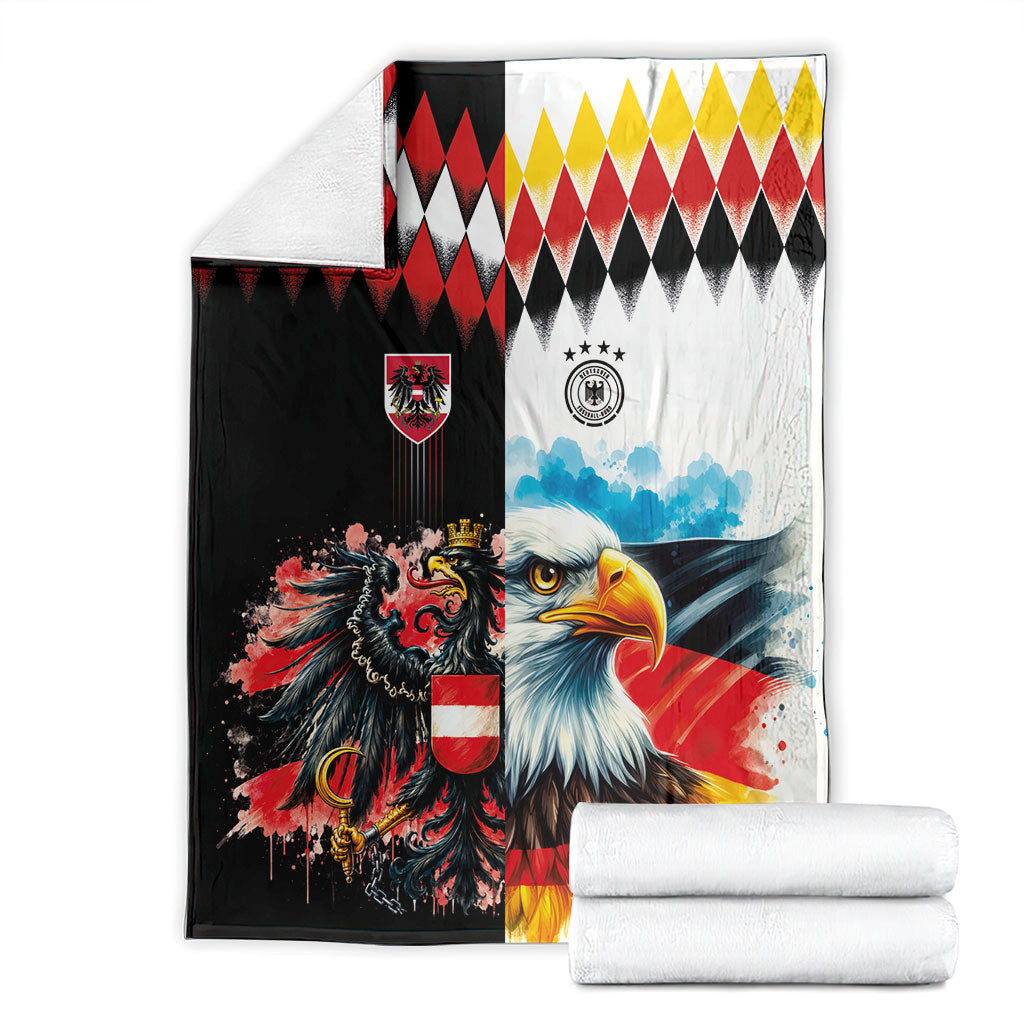 Austria and Germany National Football Blanket Split Half Diamond Argyle with Eagles Watercolor Paint Splash Art