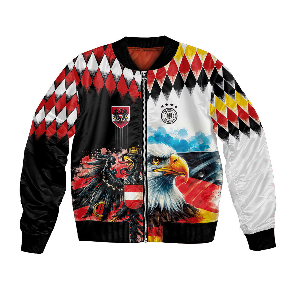 Custom Austria and Germany National Football Bomber Jacket Split Half Diamond Argyle with Eagles Watercolor Paint Splash Art