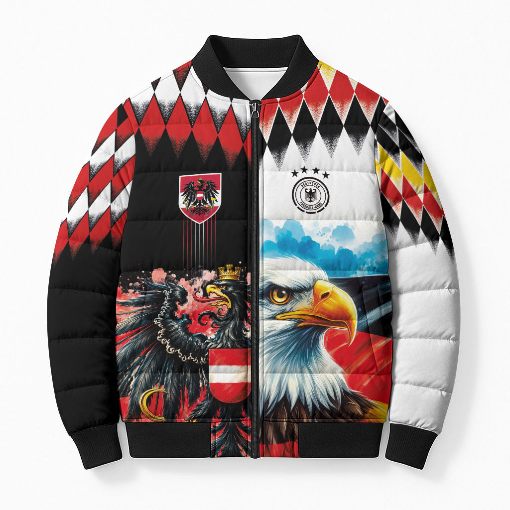 Custom Austria and Germany National Football Bomber Puffer Jacket Split Half Diamond Argyle with Eagles Watercolor Paint Splash Art