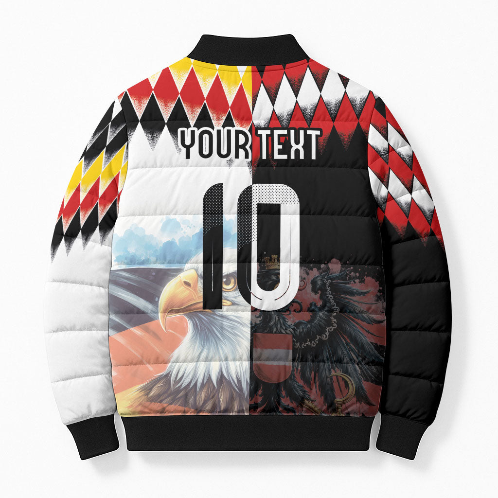 Custom Austria and Germany National Football Bomber Puffer Jacket Split Half Diamond Argyle with Eagles Watercolor Paint Splash Art