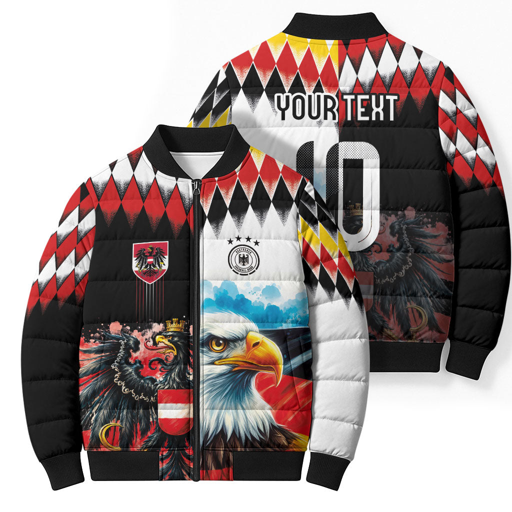 Custom Austria and Germany National Football Bomber Puffer Jacket Split Half Diamond Argyle with Eagles Watercolor Paint Splash Art