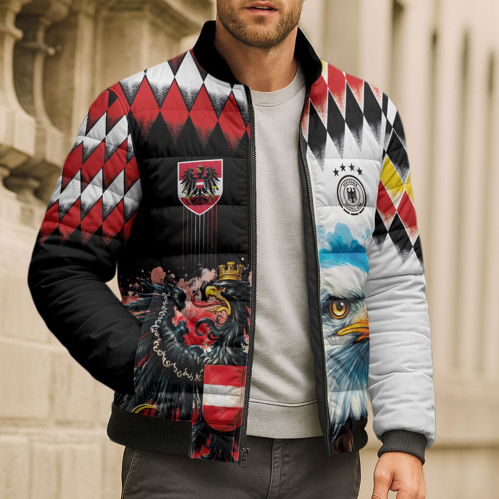 Custom Austria and Germany National Football Bomber Puffer Jacket Split Half Diamond Argyle with Eagles Watercolor Paint Splash Art