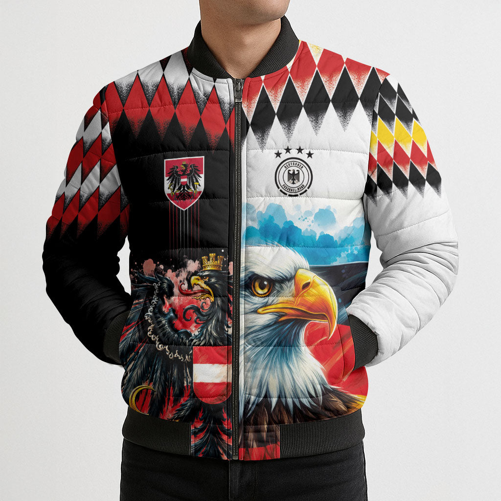 Custom Austria and Germany National Football Bomber Puffer Jacket Split Half Diamond Argyle with Eagles Watercolor Paint Splash Art