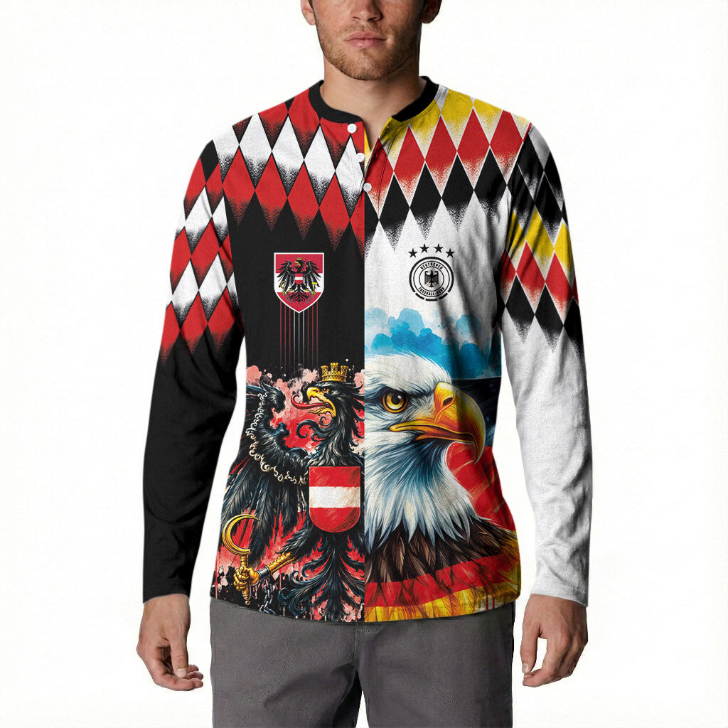 Custom Austria and Germany National Football Button Sweatshirt Split Half Diamond Argyle with Eagles Watercolor Paint Splash Art