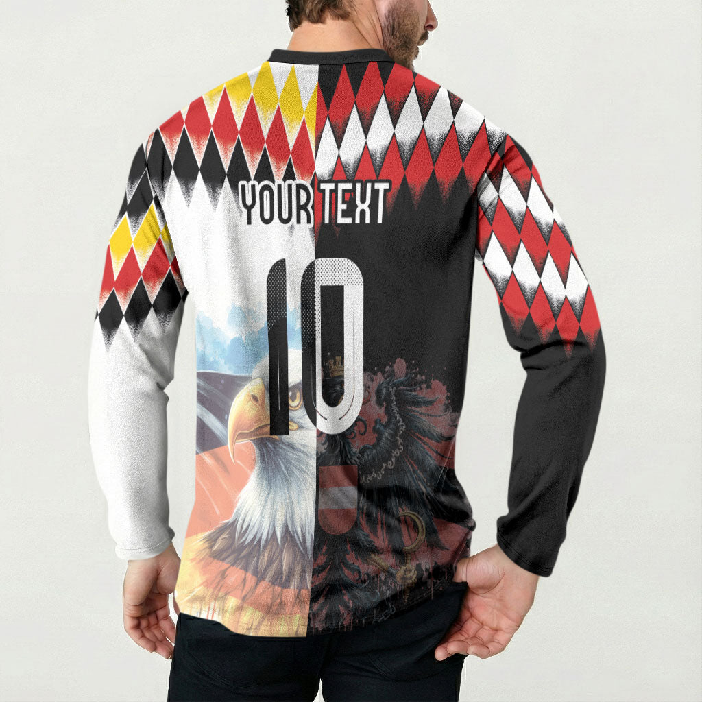Custom Austria and Germany National Football Button Sweatshirt Split Half Diamond Argyle with Eagles Watercolor Paint Splash Art