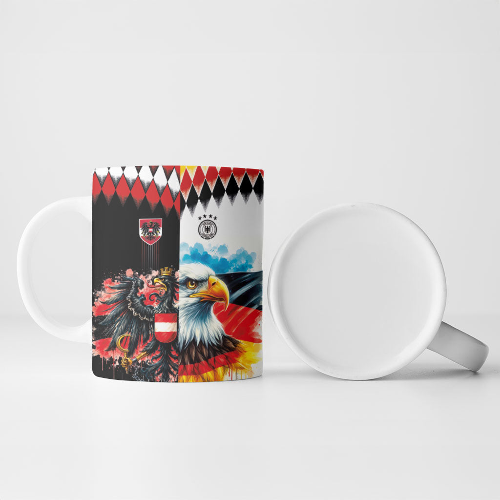 Custom Austria and Germany National Football Ceramic Mug Split Half Diamond Argyle with Eagles Watercolor Paint Splash Art