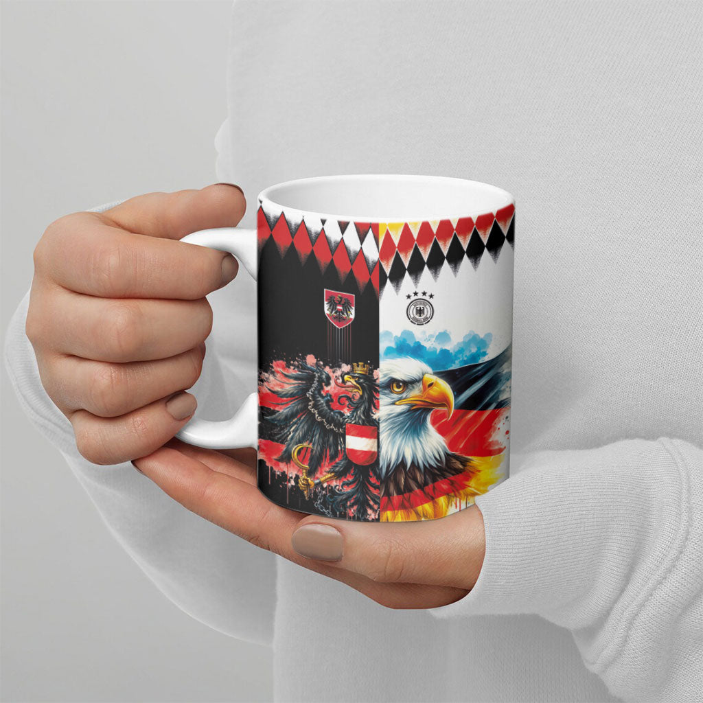Custom Austria and Germany National Football Ceramic Mug Split Half Diamond Argyle with Eagles Watercolor Paint Splash Art