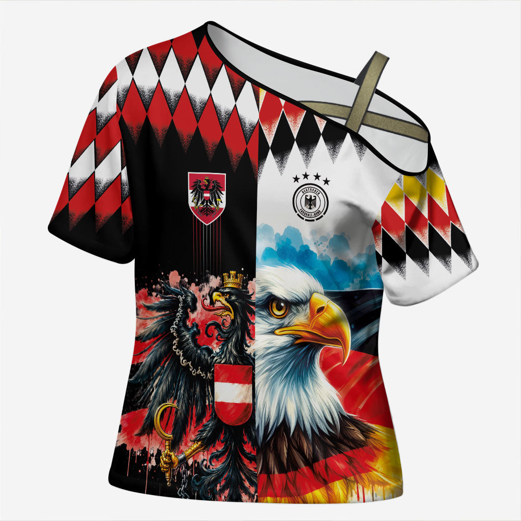 Custom Austria and Germany National Football Cross Shoulder Shirt Split Half Diamond Argyle with Eagles Watercolor Paint Splash Art