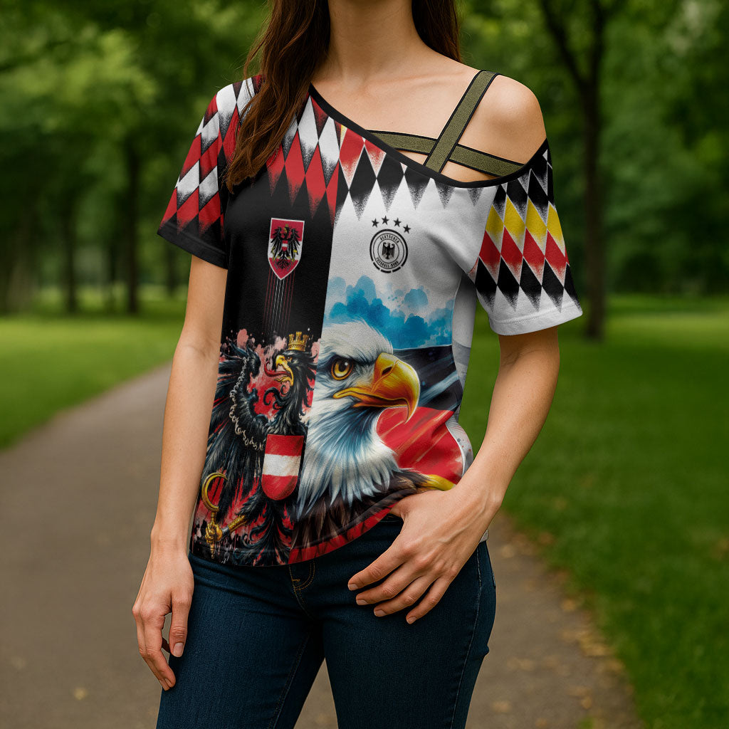 Custom Austria and Germany National Football Cross Shoulder Shirt Split Half Diamond Argyle with Eagles Watercolor Paint Splash Art