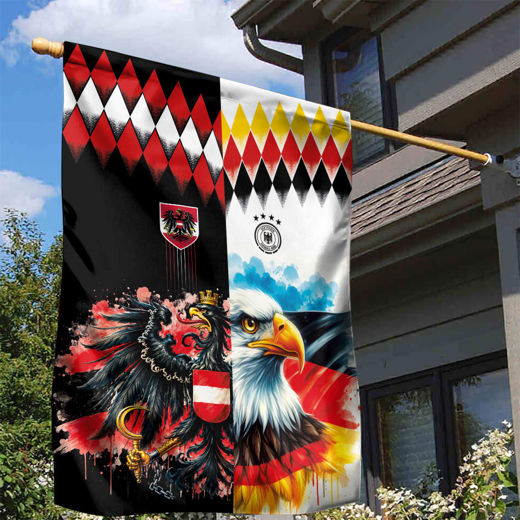 Austria and Germany National Football Garden Flag Split Half Diamond Argyle with Eagles Watercolor Paint Splash Art