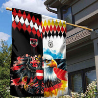 Austria and Germany National Football Garden Flag Split Half Diamond Argyle with Eagles Watercolor Paint Splash Art