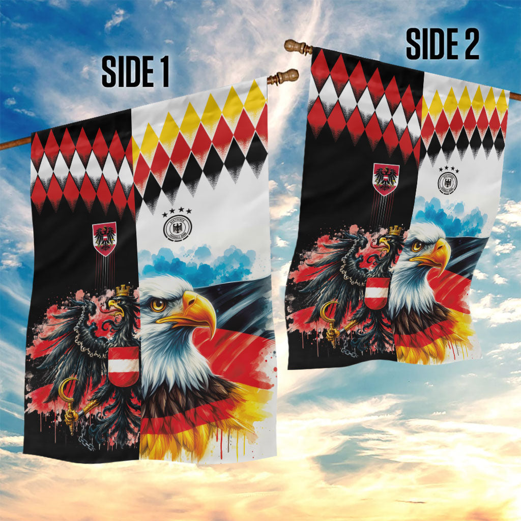 Austria and Germany National Football Garden Flag Split Half Diamond Argyle with Eagles Watercolor Paint Splash Art