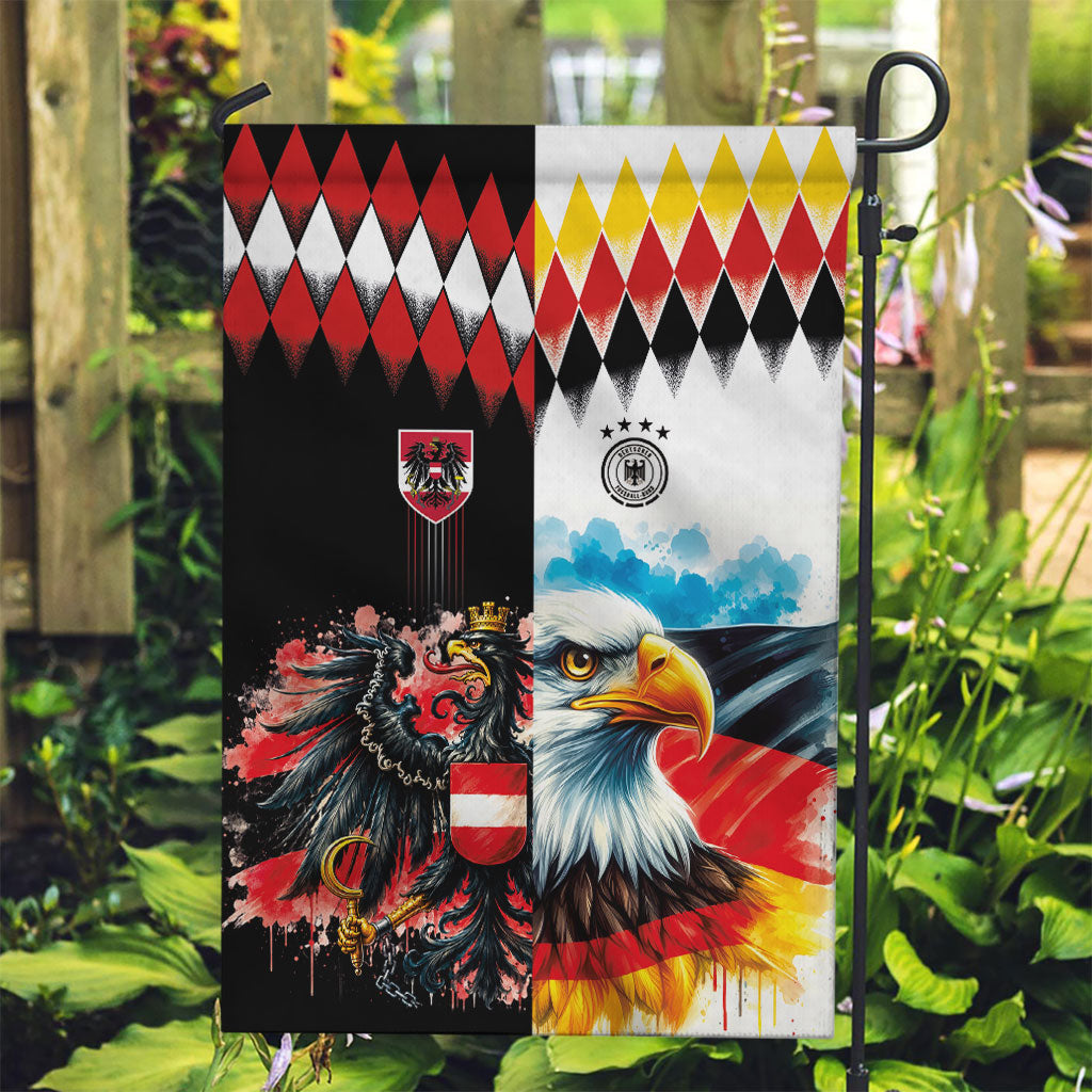 Austria and Germany National Football Garden Flag Split Half Diamond Argyle with Eagles Watercolor Paint Splash Art