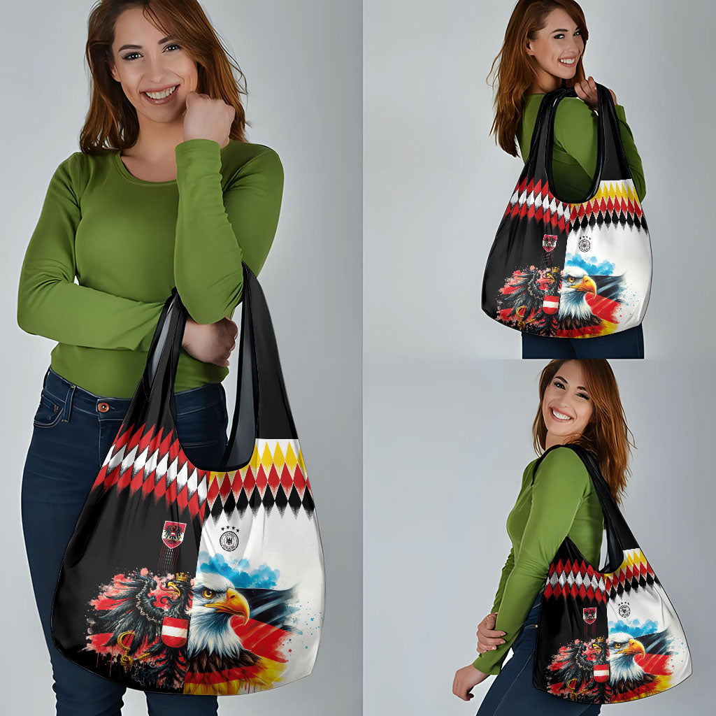 Austria and Germany National Football Grocery Bag Split Half Diamond Argyle with Eagles Watercolor Paint Splash Art