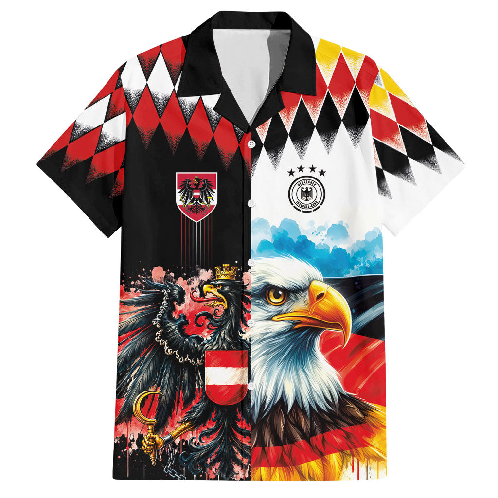 Custom Austria and Germany National Football Hawaiian Shirt Split Half Diamond Argyle with Eagles Watercolor Paint Splash Art