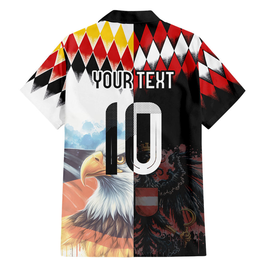 Custom Austria and Germany National Football Hawaiian Shirt Split Half Diamond Argyle with Eagles Watercolor Paint Splash Art