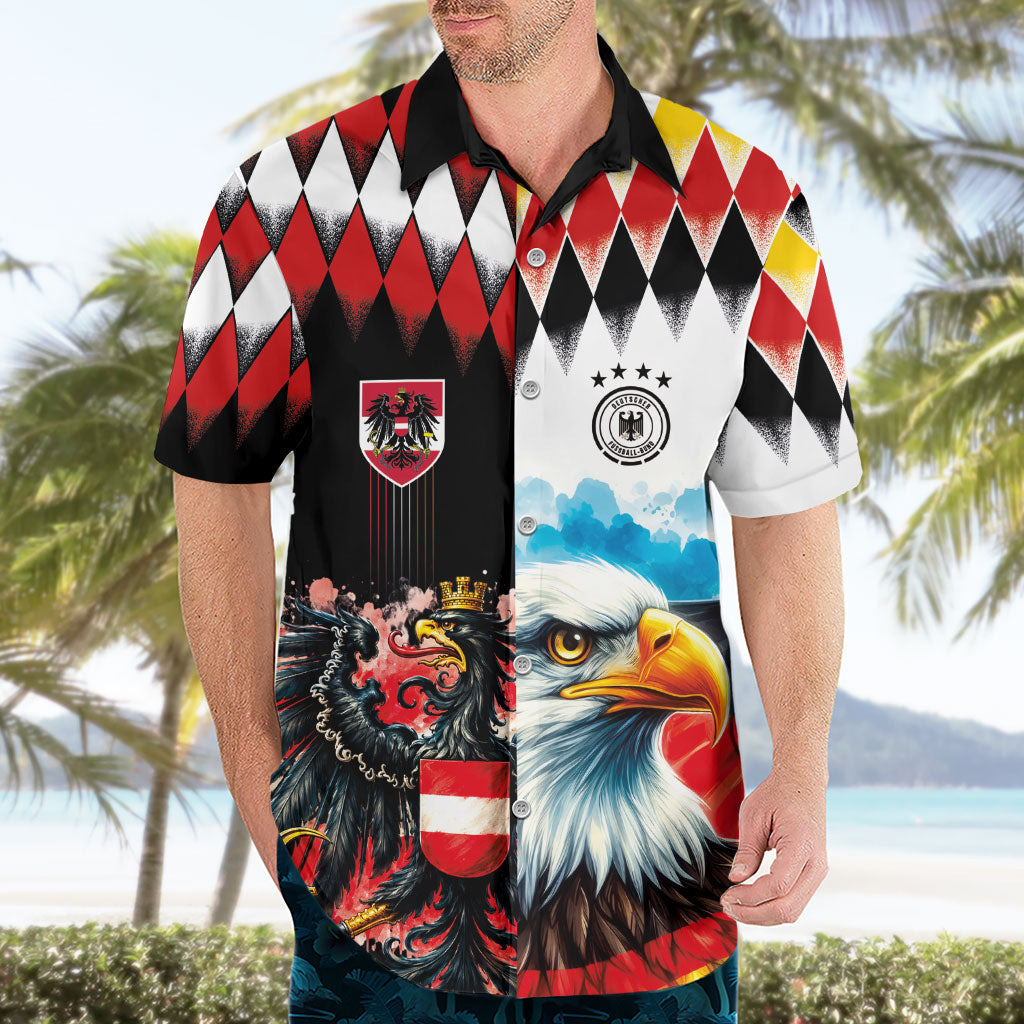 Custom Austria and Germany National Football Hawaiian Shirt Split Half Diamond Argyle with Eagles Watercolor Paint Splash Art