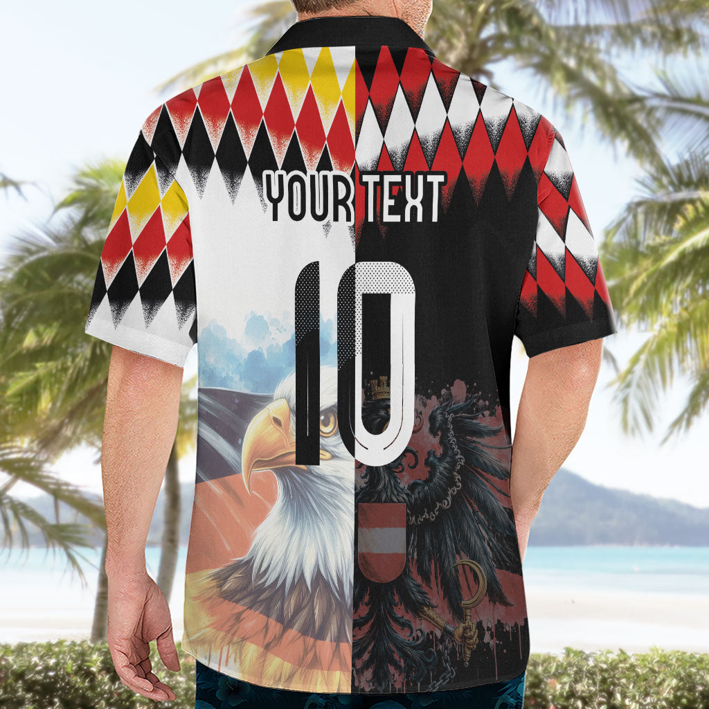 Custom Austria and Germany National Football Hawaiian Shirt Split Half Diamond Argyle with Eagles Watercolor Paint Splash Art