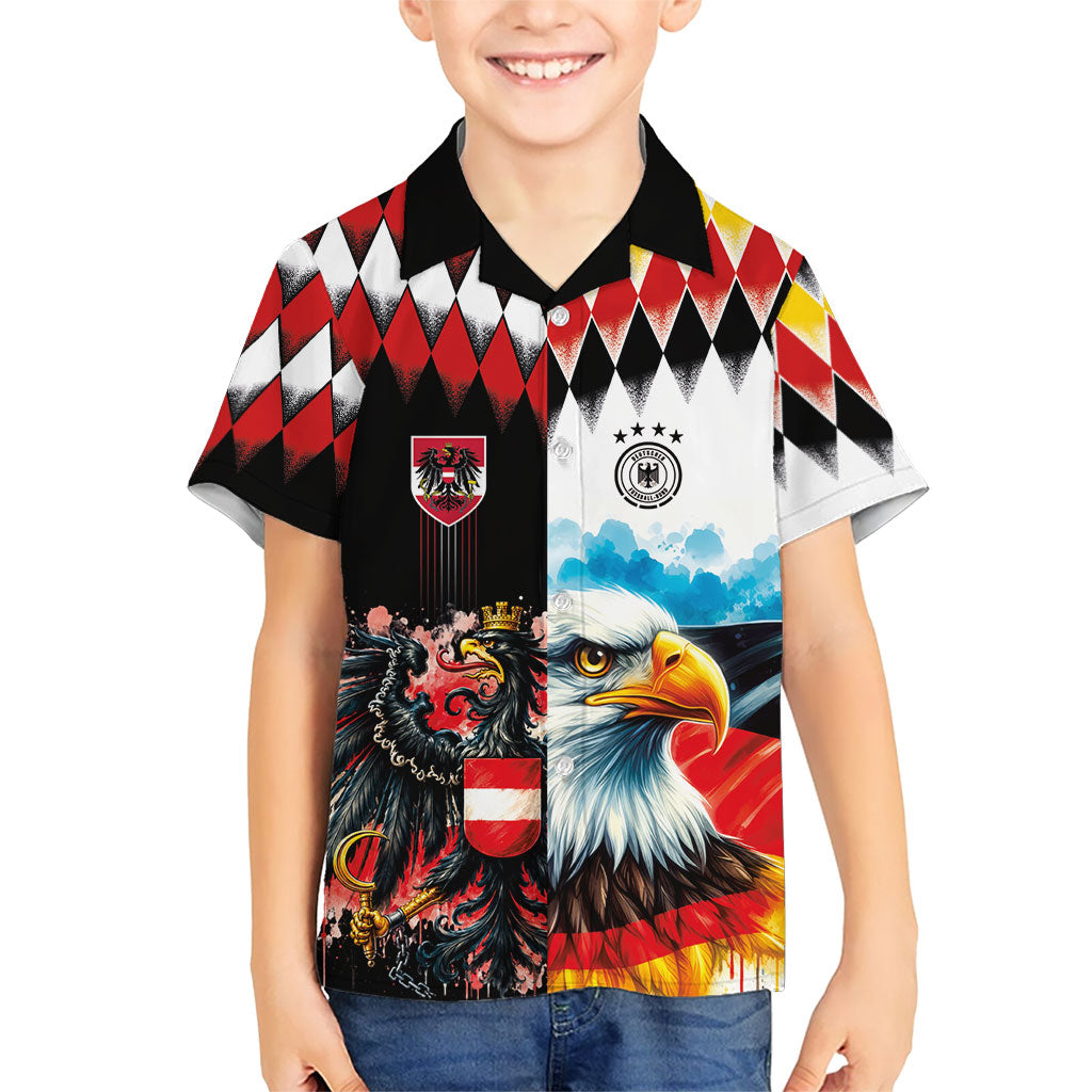 Custom Austria and Germany National Football Hawaiian Shirt Split Half Diamond Argyle with Eagles Watercolor Paint Splash Art