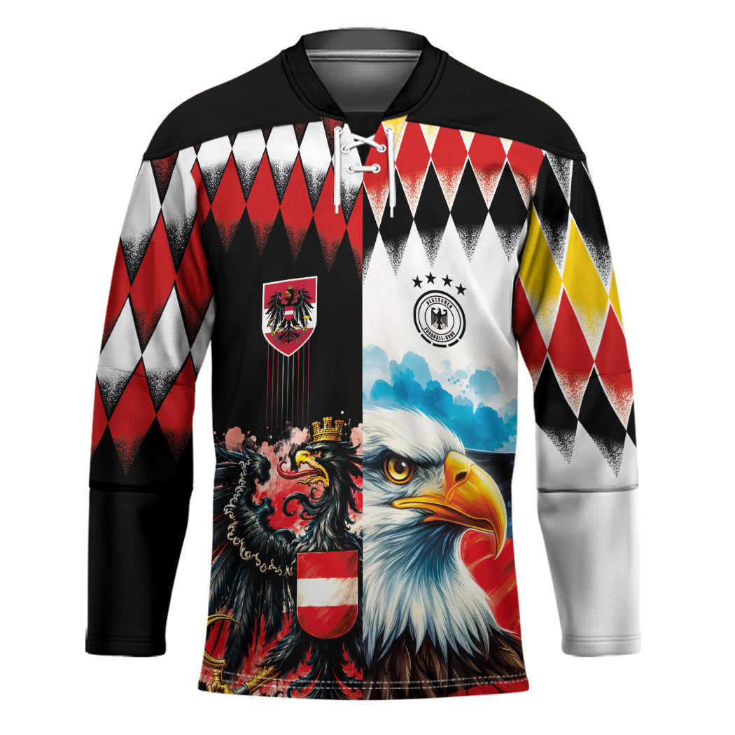 Custom Austria and Germany National Football Hockey Jersey Split Half Diamond Argyle with Eagles Watercolor Paint Splash Art