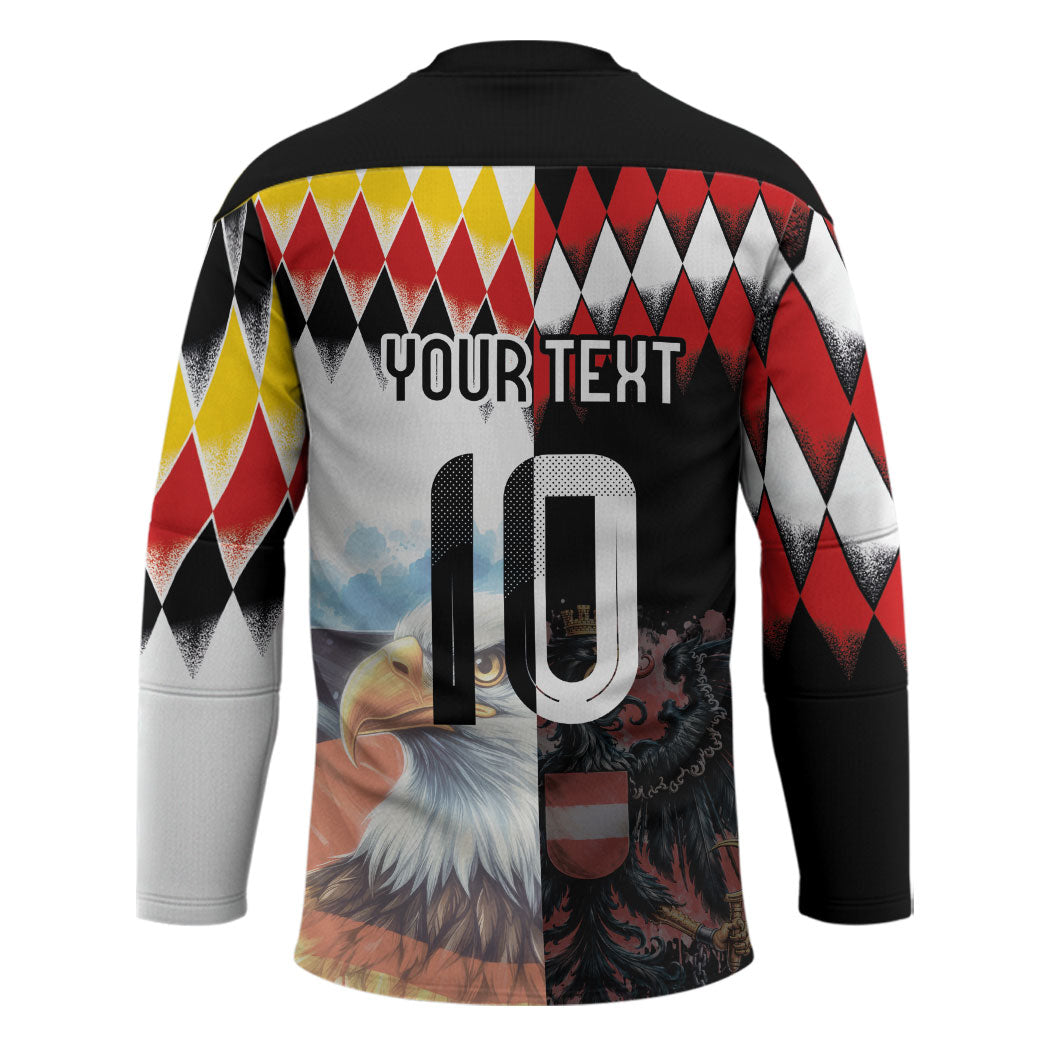Custom Austria and Germany National Football Hockey Jersey Split Half Diamond Argyle with Eagles Watercolor Paint Splash Art