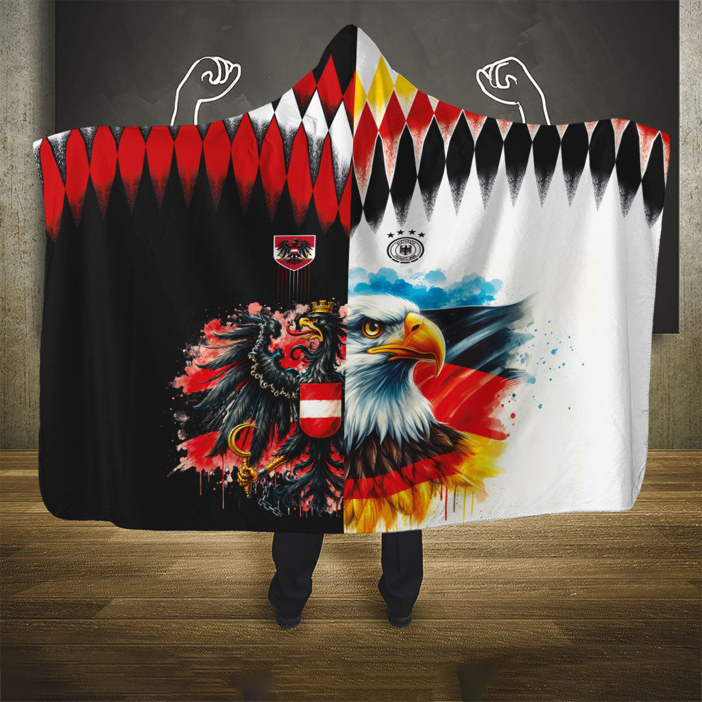 Austria and Germany National Football Hooded Blanket Split Half Diamond Argyle with Eagles Watercolor Paint Splash Art