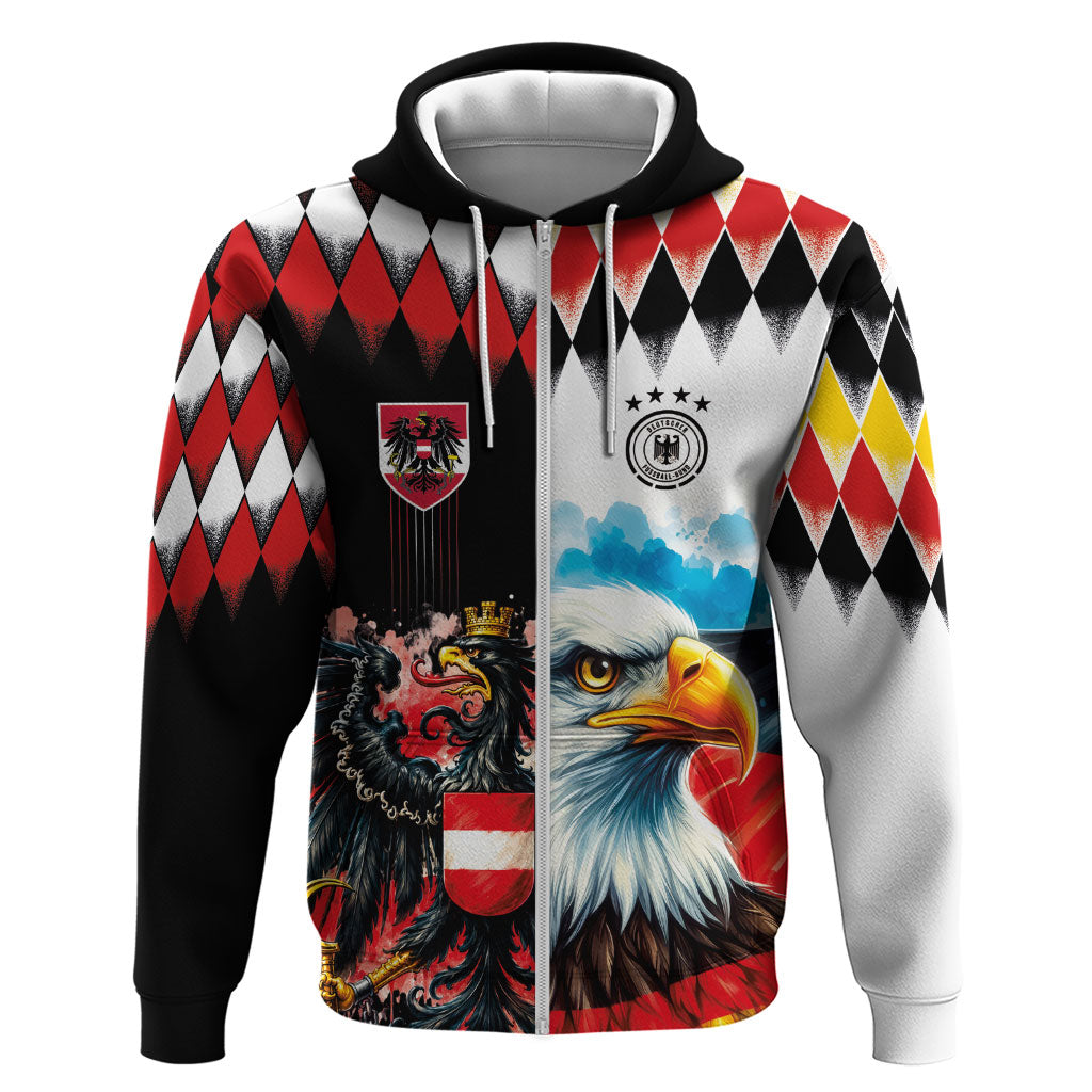 Custom Austria and Germany National Football Hoodie Split Half Diamond Argyle with Eagles Watercolor Paint Splash Art