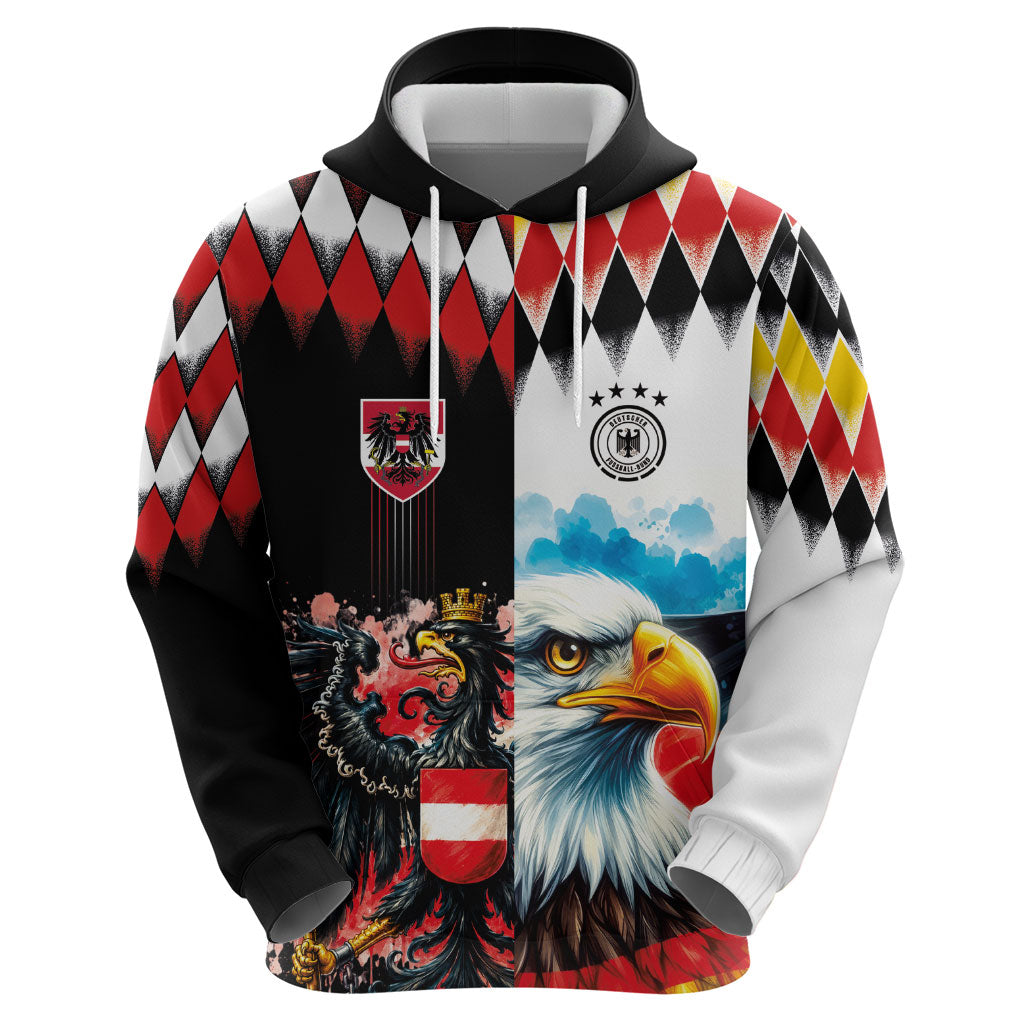 Custom Austria and Germany National Football Hoodie Split Half Diamond Argyle with Eagles Watercolor Paint Splash Art