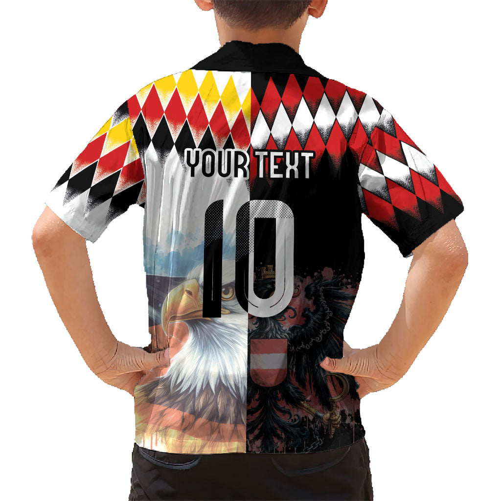 Custom Austria and Germany National Football Kid Hawaiian Shirt Split Half Diamond Argyle with Eagles Watercolor Paint Splash Art