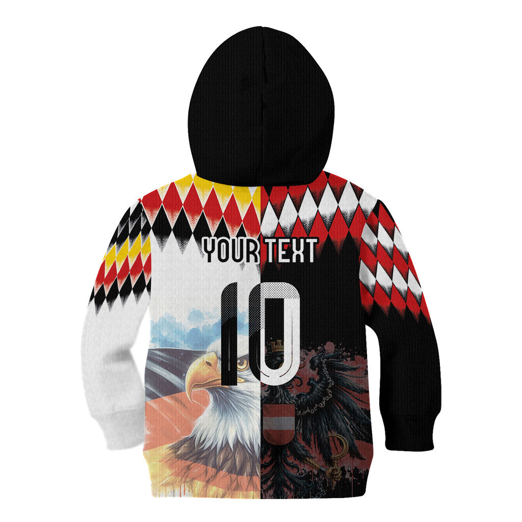 Custom Austria and Germany National Football Kid Hoodie Split Half Diamond Argyle with Eagles Watercolor Paint Splash Art