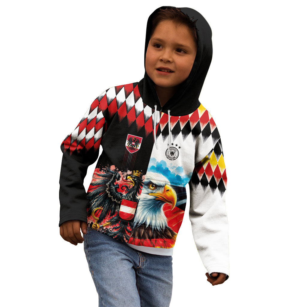 Custom Austria and Germany National Football Kid Hoodie Split Half Diamond Argyle with Eagles Watercolor Paint Splash Art